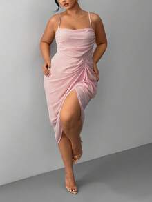 Hourglow 大码女式优雅纯色褶裥开衩下摆吊带背心连衣裙，夏季/秋季/冬季 - 杏色 - 查看 8