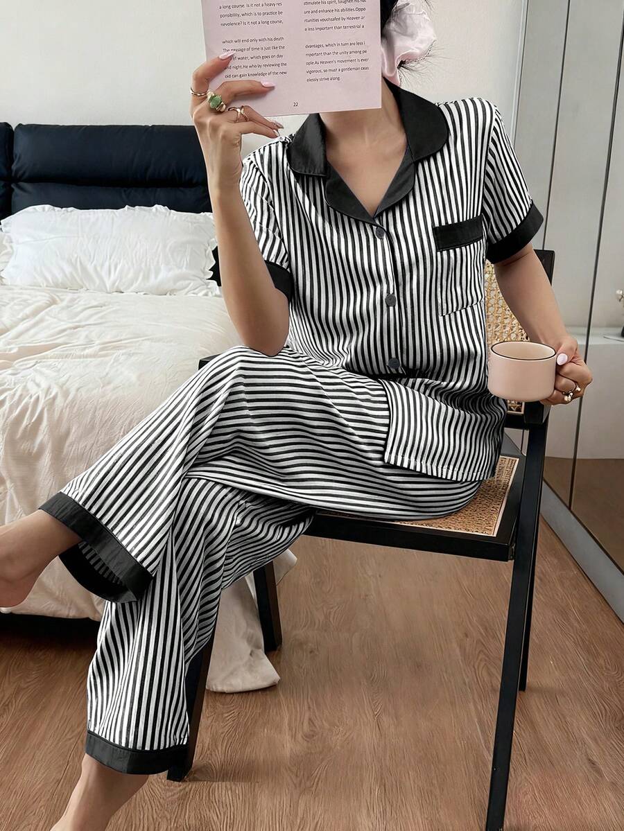 SHEIN 泡泡褶皱撞色短袖长裤女士睡衣套装 - 黑與白 - 查看 1