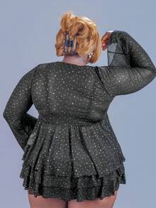 CurvyTilda Blusa con mangas acampanadas, cuello en V, lazo al frente, con lentejuelas y malla transparente para tallas grandes