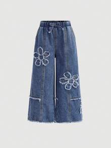 SHEIN Kleine Mädchen Loose Fit Blaue Jeans mit ausgefranstem 3D Blumen Schleifendekor, Herbst, Winter, Lässig und modisch, Urlaub, Streetwear, 2000er Jahre Stil, Weihnachtshose, Jeans, Blumenmuster, Denimhose - Mittele Waschung - Übersicht 7
