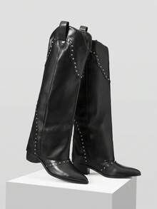 MOTF BOTAS DE MUJER DE PIEL DE PU CON REMACHES Y TACÓN DE MODA - Negro - Ver 9