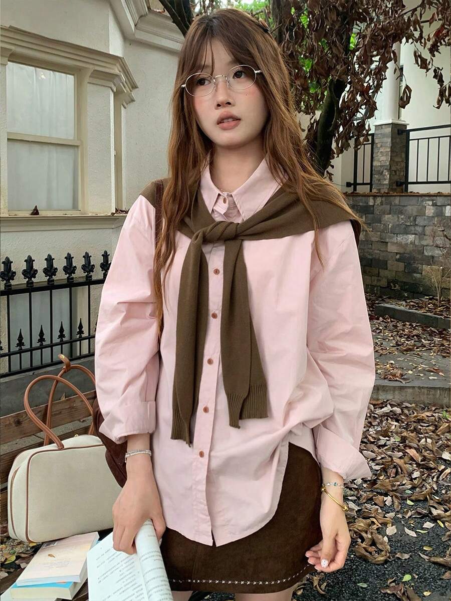 K-Vae Women's Pink Drop Shoulder Long Sleeve Single-Breasted Casual Loose Shirt - Pink - View 1