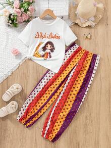 White Summer Cute Family Matching Al-Adha 2-Piece Cartoon Girl Printed T-Shirt And Casual Rose Pants Set For Tween Girls 11 Years Old Clothes - Multicolor - View 5