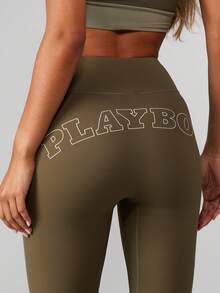 Missguided x Playboy High Waist Wide Leg Yoga Pants With Flared Hem And Back Print Stretch Performance Fitness Leggings For Athleisure - Dark Green - View 5