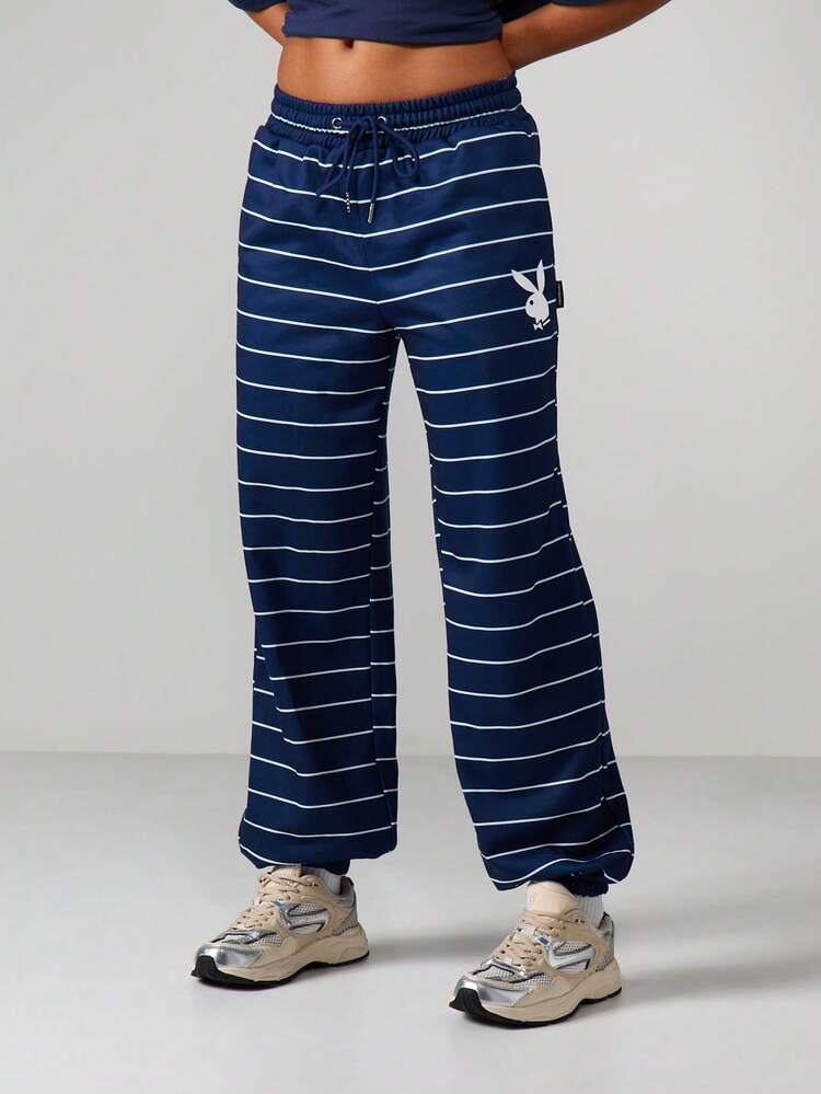 Missguided x Playboy Horizontal Striped Drawstring Joggers With Cuffed Ankles Casual Sweatpants For Everyday Comfort And Relaxed Style