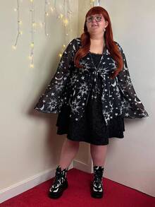 Enliva Vestido De Cintura Com Laço Plus Size Jacquard Para Mulheres - Preto - Ver 3