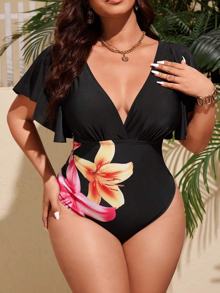 Swim Lushoire Đồ bơi liền thân cổ chữ V họa tiết hoa cỡ lớn cho nữ - Nhiều màu - Xem 1