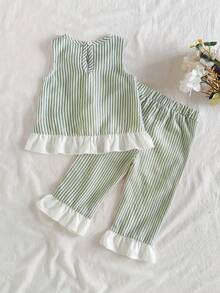 Vintaside Kids 2件套女婴夏季碎花条纹蝴蝶结装饰拼接圆领无袖上衣和直筒裤套装，休闲复古风 - 綠色 - 查看 2
