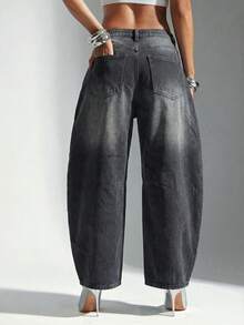 Denimoi 女式时尚街头水钻金属镂空水洗筒状牛仔裤 - 黑色 - 查看 5