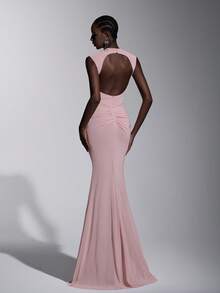 Elitara 优雅浪漫时尚的粉色弹力网纱圆领蝴蝶结装饰镂空露背鱼尾裙摆正式派对礼服、婚礼宾客礼服、黄色礼服、时尚优雅伴娘礼服 - 粉色 - 查看 4