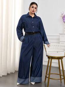 Modelyn Plus Size Dark Blue Denim Jumpsuit, Long-Sleeved Shirt, Straight Pants With Folded Hems, Casual Autumn Wear For Going Out Plus Size Denim Outfits For Women - Dark Wash - View 5