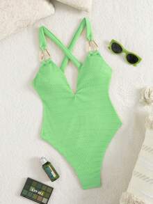 Bonvoyette Bộ đồ bơi liền thân Bandeau họa tiết khoét lỗ màu kem vàng ánh kim dành cho nữ và trang phục đi biển, mùa hè - màu xanh lá - Xem 3