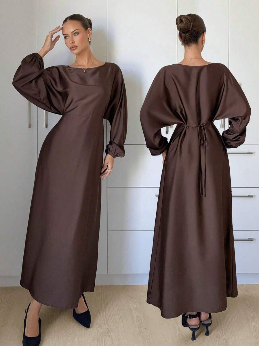 Siren Gaze Women's New Elegant Romantic Casual Urban Commute Elegant Fashion Versatile Coffee Brown Round Neck Batwing Long Sleeve Tie-Waist X-Shaped Regular Fit Dress, Suitable For Teachers, Winter Outfits, Autumn/Winter Wedding Guest Attire, Evening Gown, Brown Dress For Women, Elegant Dress For Women, New Year Dress, Long Brown Dress, Chocolate Brown Dress, Lantern Sleeve Dress, Modest Dress,Long Sleeve Elegant Dress Luxury Dress For Women Long Silk Dress Satin Long Dress Spring - Brown - View 1
