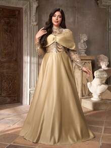 Aureia 大码优雅奢华香槟色亮片刺绣缎面蝴蝶结褶皱袖A字裙摆连衣裙，适合晚宴、约会、舞会、婚礼、正式场合。 - 香檳色 - 查看 6