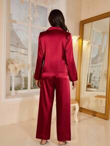 LuxeNights Women's New Autumn/Winter Long Sleeve Top & Long Pants Faux Silk Pajama Set, Fall Clothes, For Christmas - Burgundy - View 2