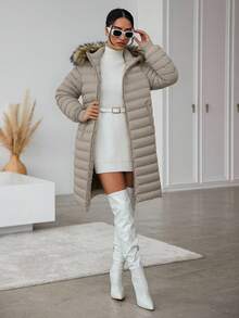 EURMUSE Fuzzy Trim Hooded Padded Coat - Camel - View 5