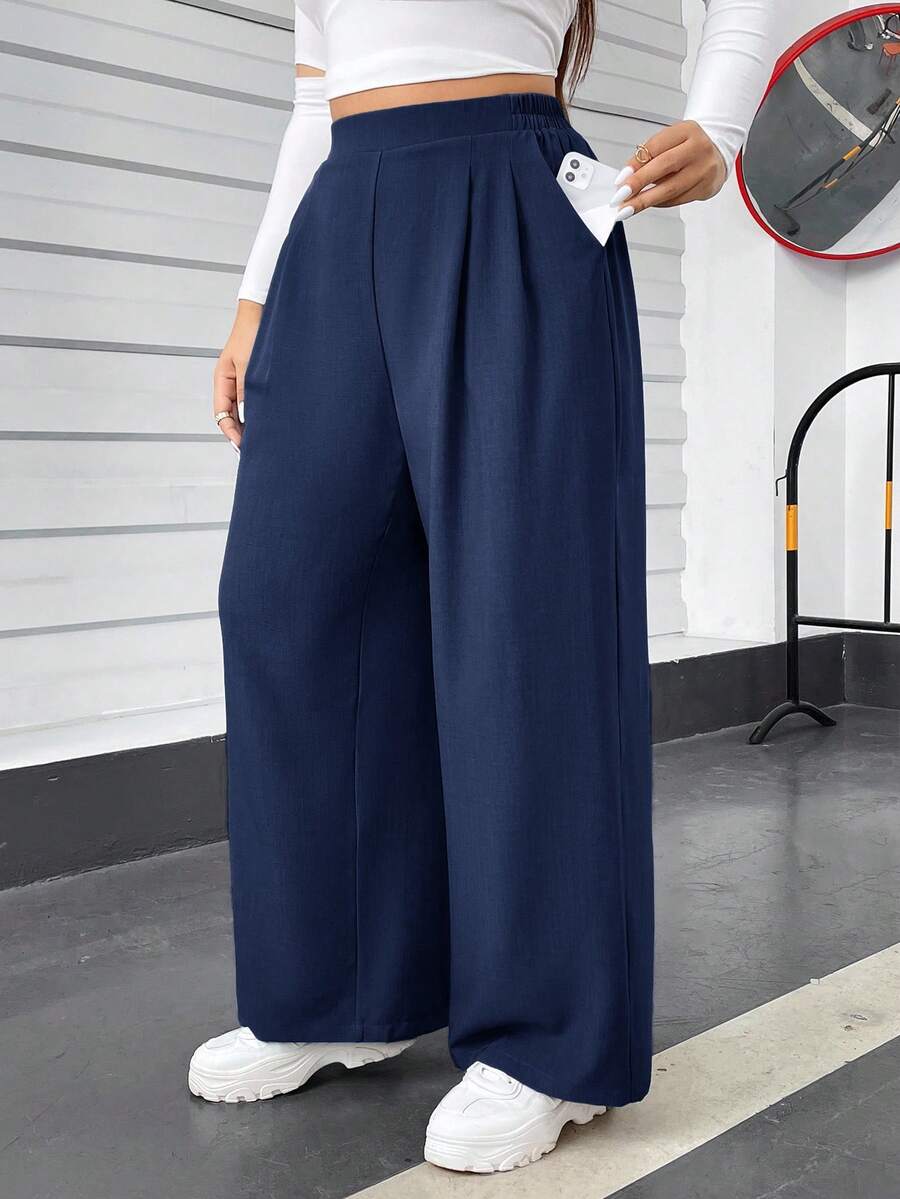 Auralis Plus Size Women's And Casual Comfortable Loose Elastic Waist Gray Basic Wide-Leg Pants, Women Clothes,Homecoming,Old Money,Going Out Bottoms,Curv Pants,Women Outfits, Pants Spring - Royal Blue - View 1