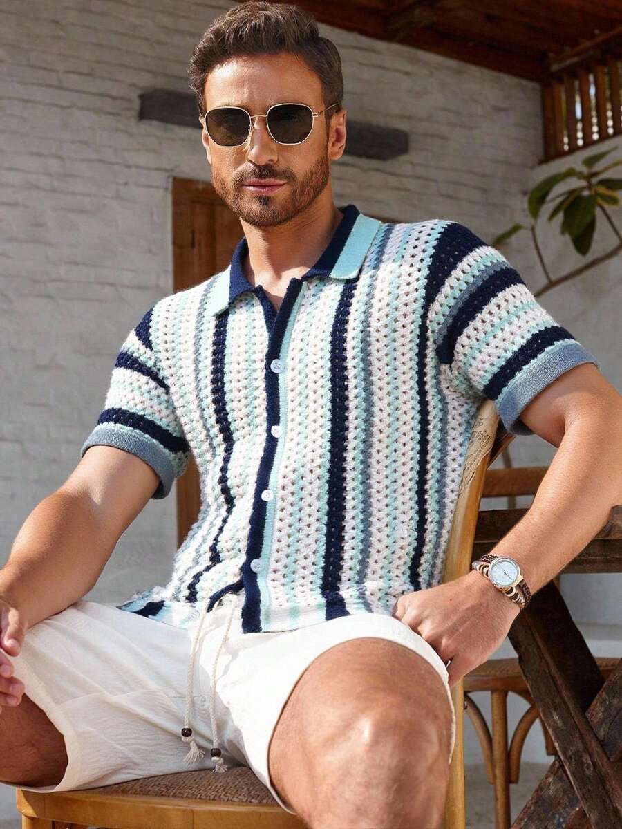 Manfinity RSRT Áo thun dệt kim tay ngắn khoét nút phía trước họa tiết sọc dành cho nam - Nhiều màu - Xem 1