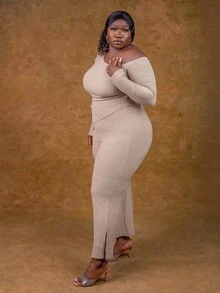CurvyTilda 女士秋季服装，冬季加大码女士纯色不对称肩长袖上衣和喇叭裤两件套 - 卡其色 - 查看 6
