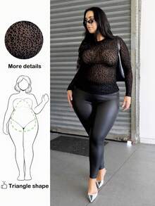 Truni Itsmisslys Plus Size Sexy Leopard Print See-Through Fitted Women Top, Spring & Summer, For Pear Triangle Body Shape - Black - View 1
