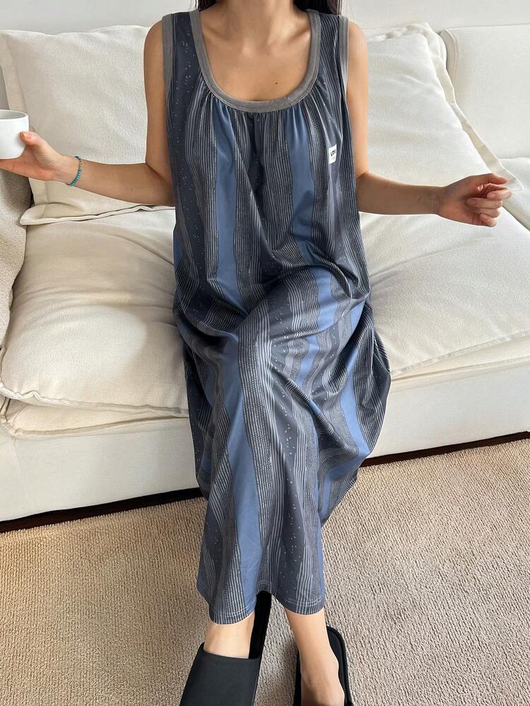 Striped Pattern Sleeveless Loose Nightgown, Women Loungewear Dress