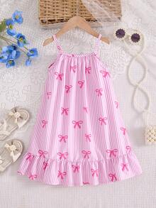 SHEIN 女童梭织面料蝴蝶结条纹数码印花拼接彩色荷叶边吊带连衣裙，适合夏季日常穿着、外出、旅行、度假、派对等场合。 - 彩色 - 查看 7