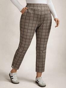 Zelara 大码女式休闲/办公通勤复古格纹高腰侧袋修身裤，格纹休闲女裤，冬季女裤，棕色格纹裤，春季女裤，春假女裤 - 彩色 - 查看 7