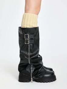 ROMWE Grunge Punk Fall/Winter 2025 New Uniform Boots For Women, Round Toe Thick Heel High Waterproof Platform Knee-High Boots, Suitable For All Seasons, Pleated Tube Design With Side Zipper And Buckle, Fashionable Black Ladies Tall Boots For Daily Outdoor Commute - Black - View 4
