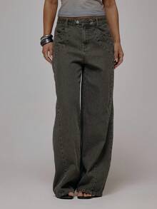 MUSERA Seam Detail Wide Leg Jeans Eyelet Popper Fastening Autum Winter Streetwear Cool Girl Y2K Everyday Casual Sepia - Dark Grey - View 2