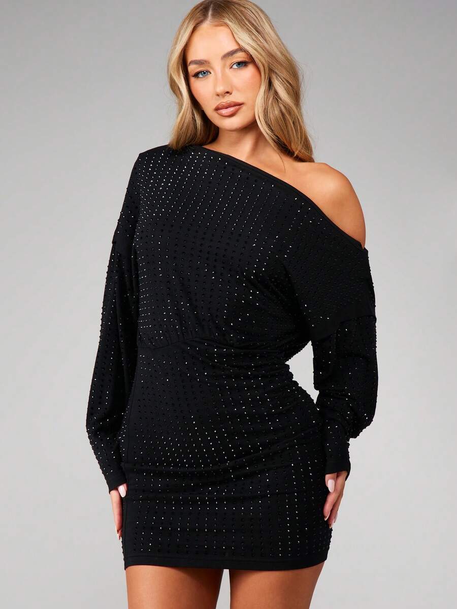 MISSGUIDED 闪亮露肩长袖迷你连衣裙，饰有水钻，修身剪裁，适合派对场合 - 黑色 - 查看 1