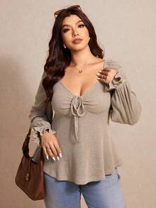 Elaquor Plus Size Women Solid Color Front Tie Flare Sleeve Ribbed Fashionable T-Shirt Tie Front Top - Apricot - View 3