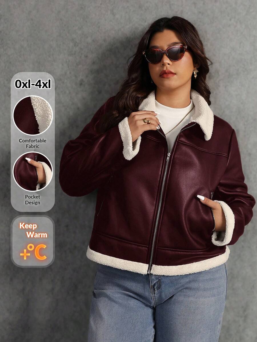 Elaquor Áo khoác nữ tay dài có khóa kéo phía trước, size lớn, thường ngày, thích hợp cho mùa thu/đông - Cà phê nâu - Xem 1