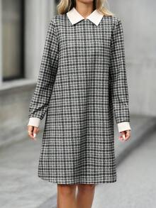 SHEIN LUNE 女士休闲格子迷你连衣裙，适合通勤和秋季穿着 - 黑與白 - 查看 4