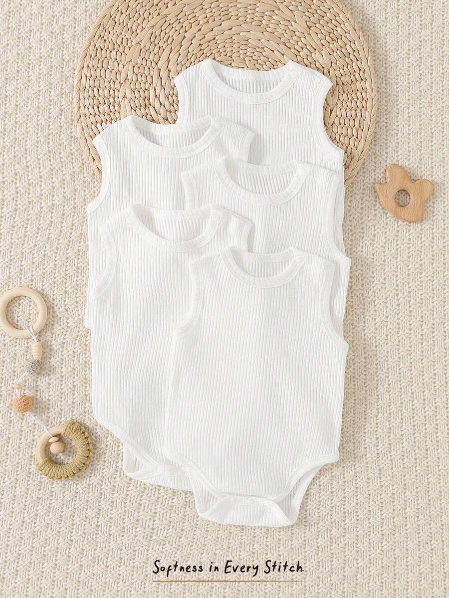 Cozy Pixies 5pcs/Set Newborn Baby Boy/Girl Solid Color Soft Knit Sleeveless Bodysuit - White - View 1