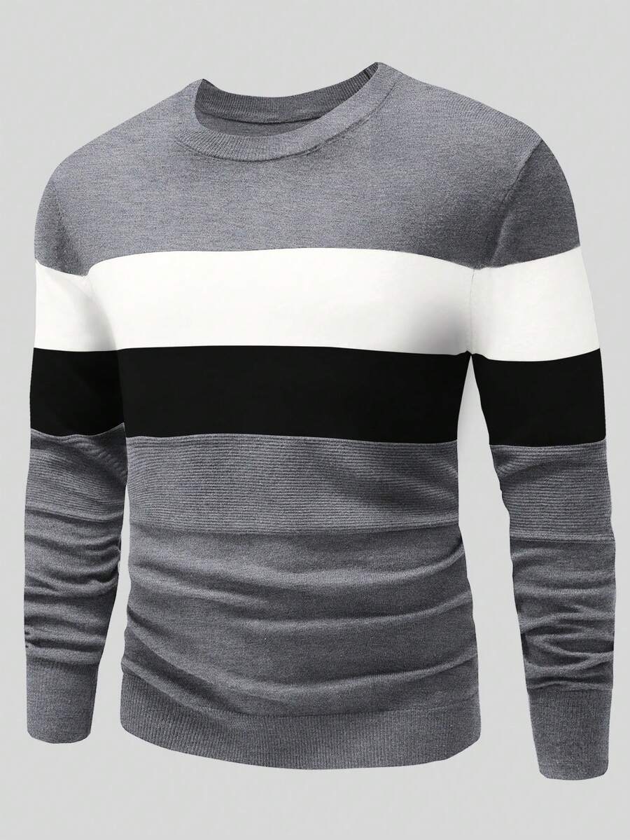 Calvornis Suéter casual y versátil de hombre con bloques de color y parches - Gris - Ver 1