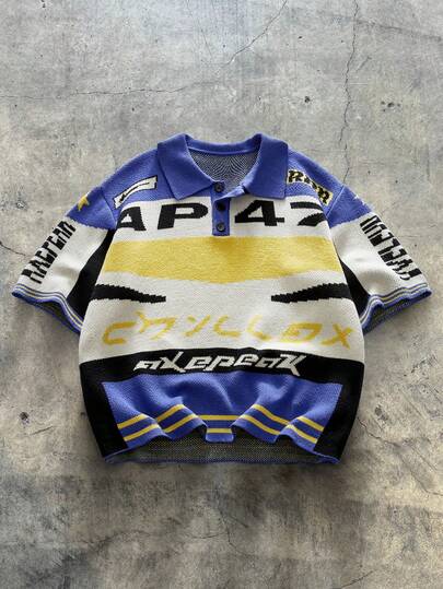 AXEPEAK Men's Letter Pattern Short Sleeve Polo Collar Casual Knit Top