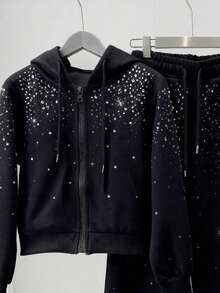 Resyla Women's Shiny Rhinestone Embellished Casual Hoodie And Wide Leg Pants Set, A Gift For Friends - Black - View 4