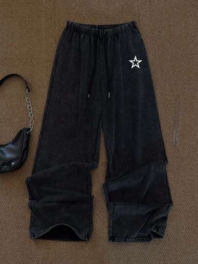 Attitoon Pantalones de chándal de cintura baja y pierna recta con estampado vintage de pentagrama grunge para mujer, adecuados para otoño/invierno, con efecto lavado, apropiados para estilo callejero, chic hip-hop