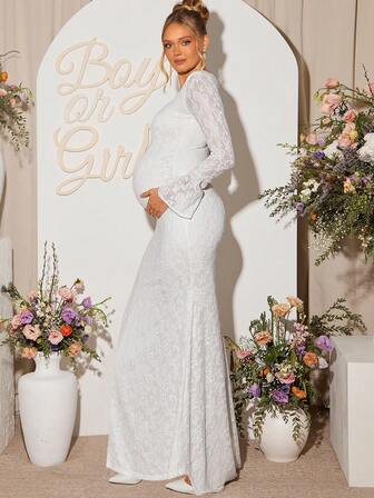 Loomaby 孕妇印花方领喇叭袖鱼尾下摆修身优雅连衣裙