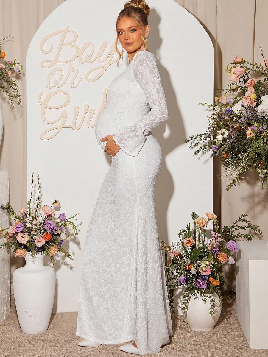 Loomaby Maternity Floral Print Square Neck Flare Sleeve Fishtail Hem Fitted Elegant Dress Dress Gender Reveal Dress Maternity Dress Baby Shower Dress Maternity Wedding Dress Long Sleeve Wedding Dress Pregnancy Photoshoot Dress White Lace Dress Women Bridal Shower Dress White Valentine's Day - White - View 1