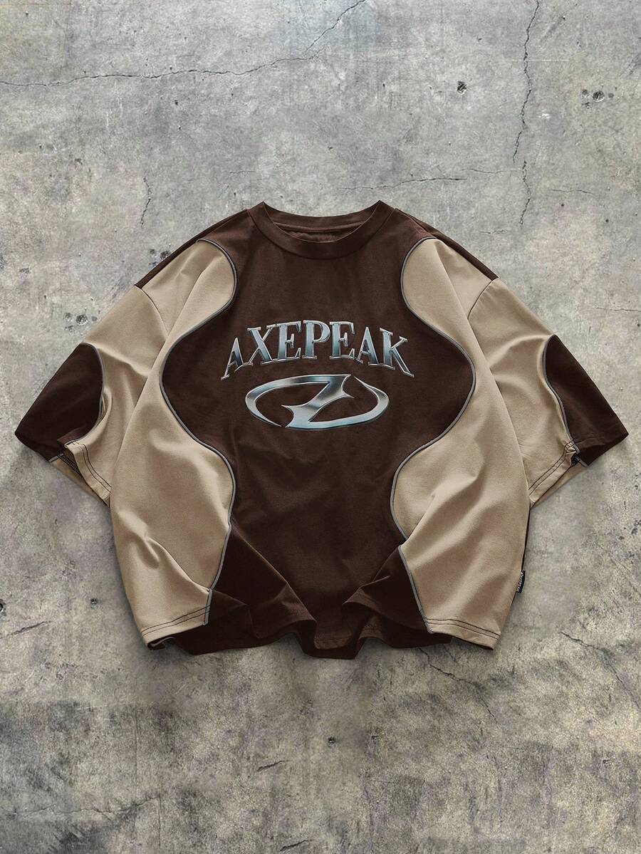 AXEPEAK 男士宽松撞色拼接短袖立领T恤 - 棕色 - 查看 1