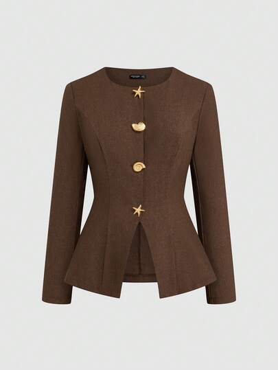 Sweetra 大码时尚金属扣腰西装外套