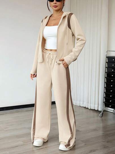 SHEIN Plus Size Women Contrast Color Zipper Front Hooded Sweatshirt And Pants Casual 2 Pieces Set