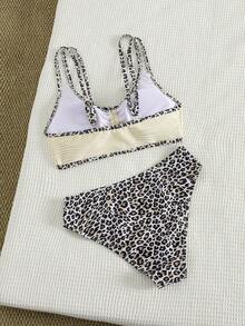 Swim Lushoire 女士海滩春夏节专用面料豹纹印花时尚优雅两件套双肩带比基尼 - 彩色 - 查看 2