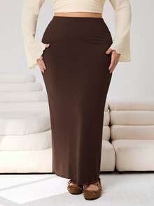 Solflare 加大码棕色长款修身纯色铅笔裙 情人节 - 棕色 - 查看 3