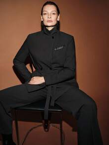 Lumivelle Women's Solid Color Lapel Slim Belt Blazer + Slant Pocket Straight Leg Pants Suit Set - Grey - View 1