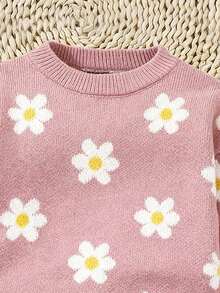 2pcs/Set Young Girl Heart Pattern Loose Casual Sweatshirt And Flare Pants Knit Suit - Pink - View 3