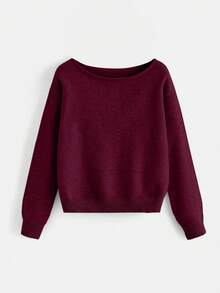 EURMUSE Women's Solid Color Crew Neck Casual Versatile Long Sleeve Pullover Sweater - 酒紅色 - 查看 1