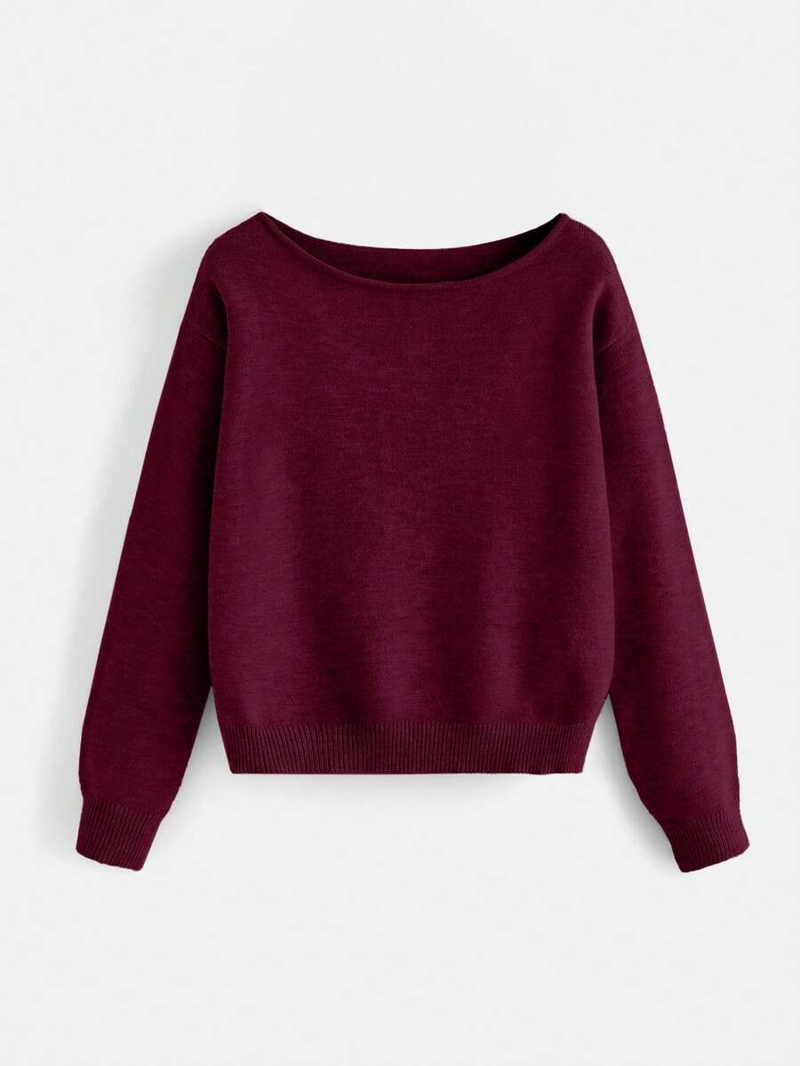 EURMUSE Women's Solid Color Crew Neck Casual Versatile Long Sleeve Pullover Sweater - 酒紅色 - 查看 1