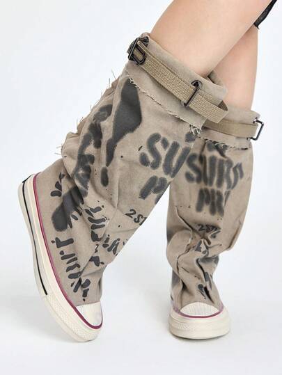 ROMWE Grunge Punk Fall/Winter Women's Round Toe Thick Sole Flat Short Boots, Casual Canvas Short Boots For Spring & Autumn,Boots For Women